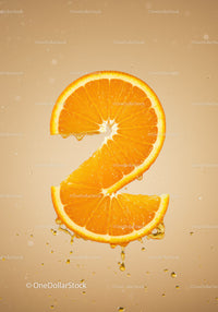 Fresh orange slice shaped like number two with droplets