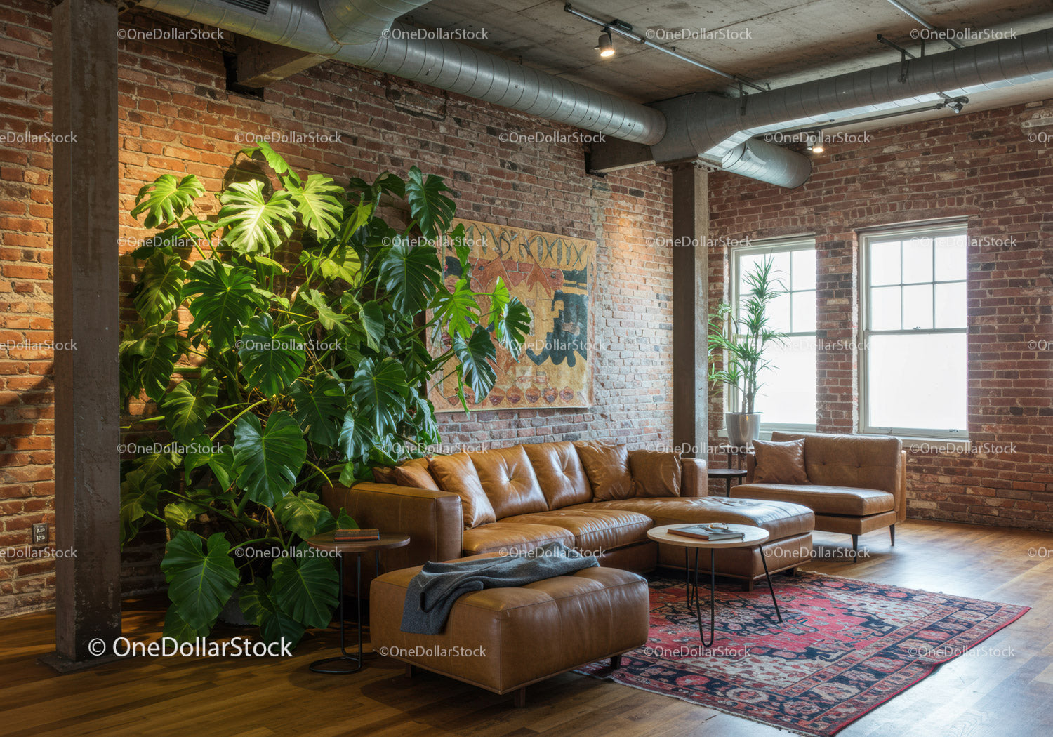 Cozy Modern Living Room with Large Green Plant and Leather Sofa