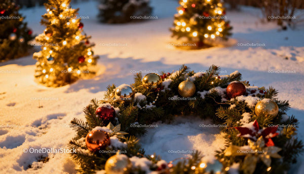 Christmas wreath and decorated trees in snowy winter evening