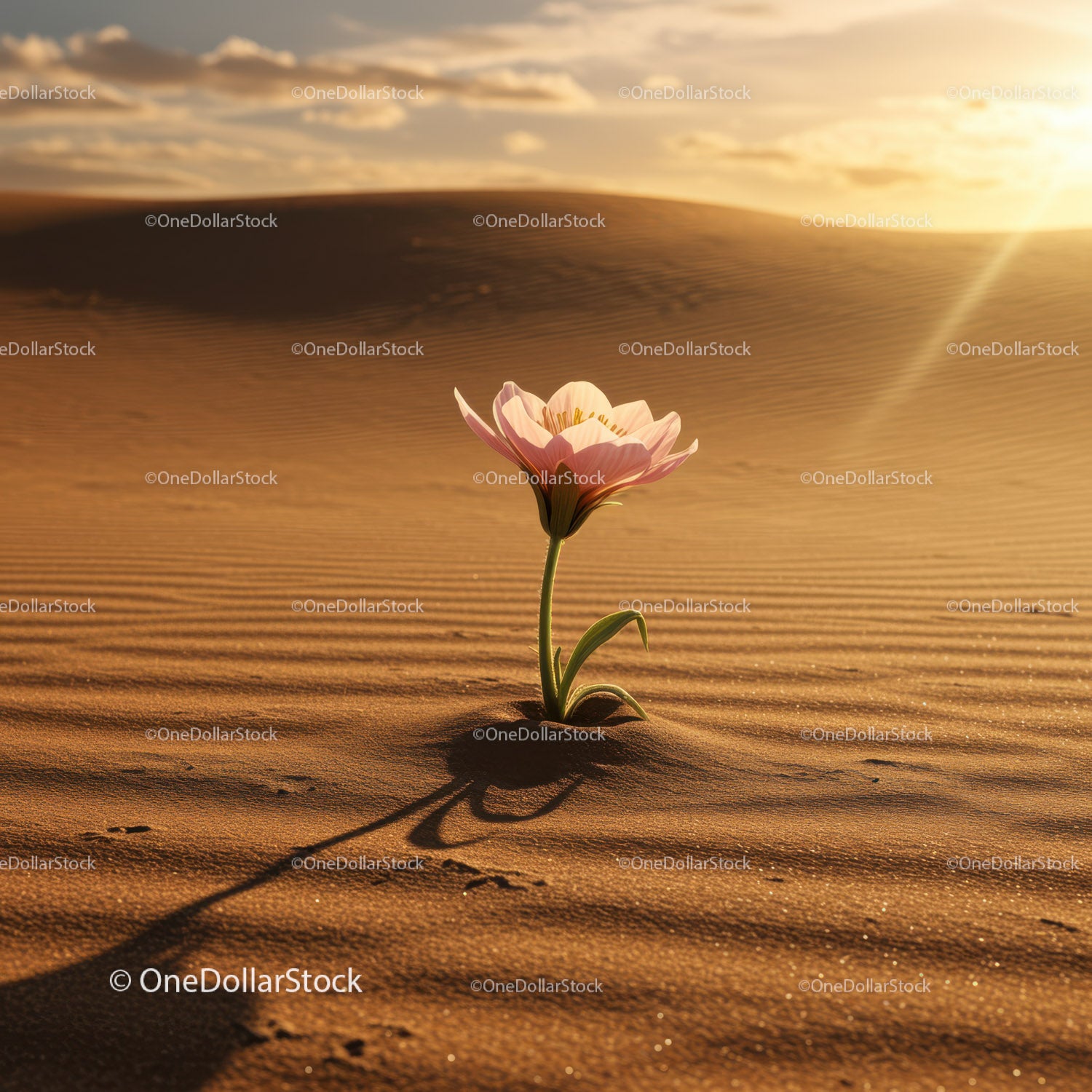 Delicate flower blossoming alone in vast desert sand