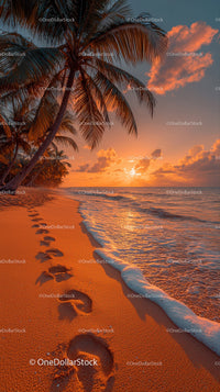 Sunset Over Tropical Beach with Palm Trees and Clear Ocean Water