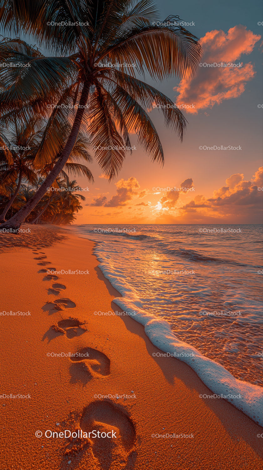 Sunset Over Tropical Beach with Palm Trees and Clear Ocean Water