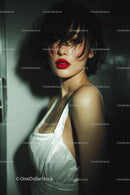 Elegant Woman with Red Lips in Stylish Evening Dress