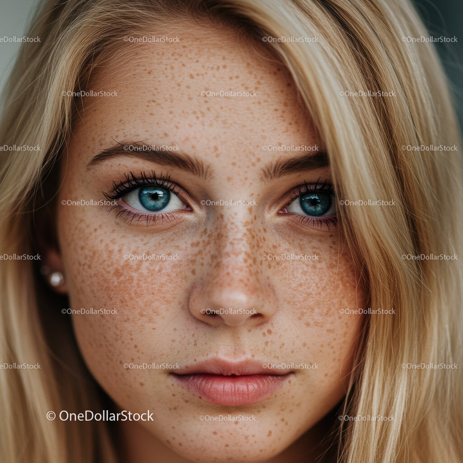 Close-up of young woman with bright blue eyes and freckles