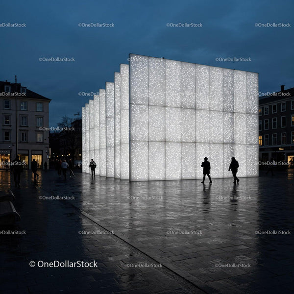 Illuminated Architectural Cube with LED Light Patterns in Urban Setting JPG Mockup Image