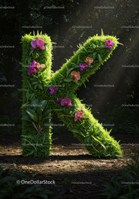 Green Letter K Covered with Orchids and Ferns