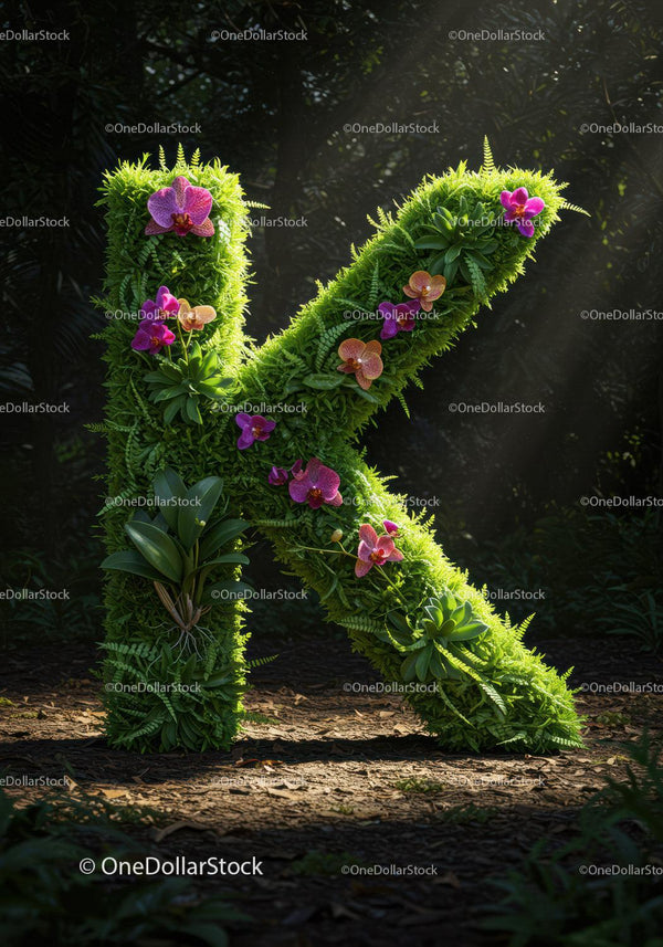 Green Letter K Covered with Orchids and Ferns