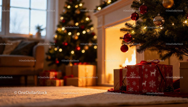 Cozy Living Room with Christmas Tree and Fireplace Glow