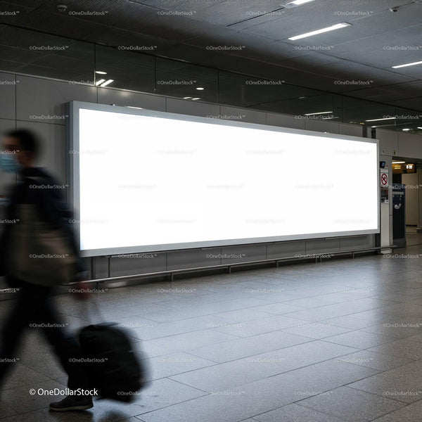 Traveler Passing by Large Blank Billboard in Modern Terminal JPG Mockup Image