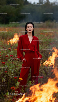Confident woman in red outfit standing amidst wildfire