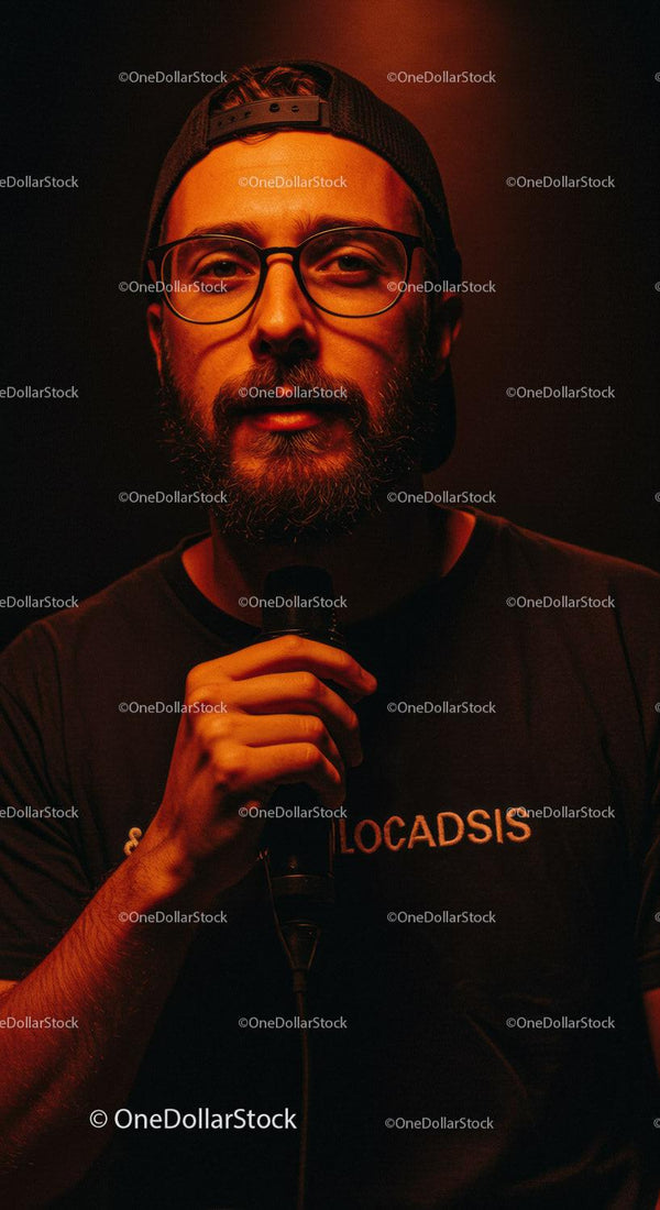 Man with beard and glasses holding microphone on dark background