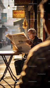 Elderly man peacefully reading newspaper outdoors