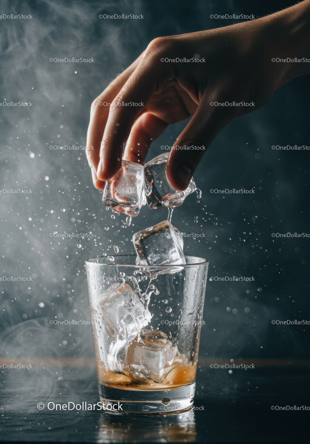 Hand Dropping Ice Cubes into Glass with Amber Drink