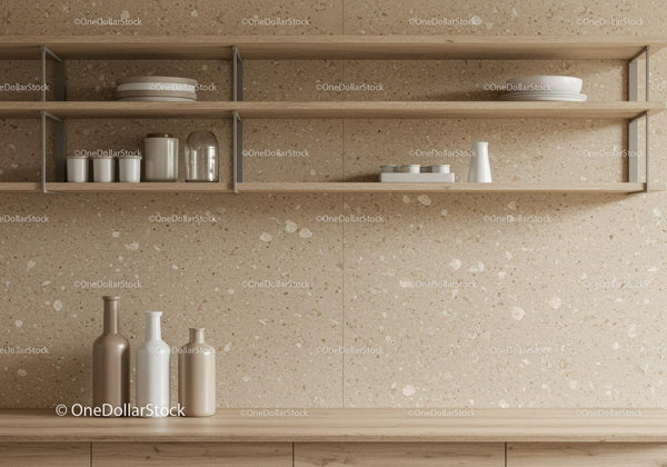 Nowoczesna kuchnia z drewnianymi półkami i ceramicznymi butelkami w neutralnych tonach
