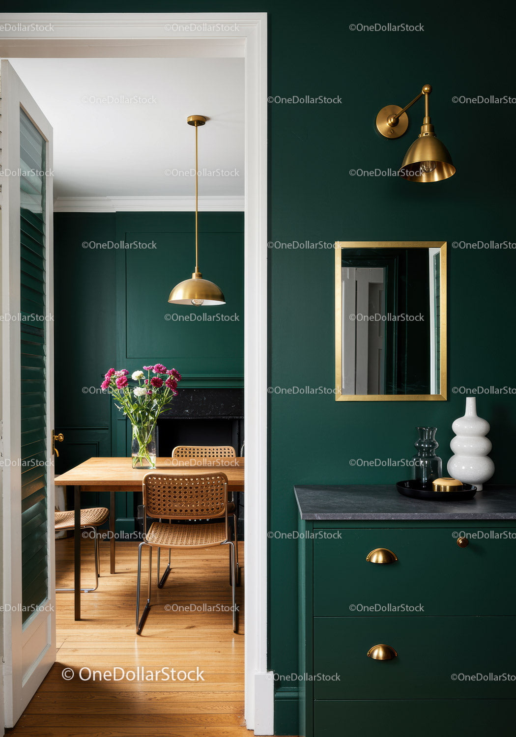 Elegant Modern Dining Room with Green Walls and Gold Accents