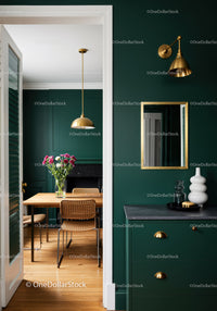 Elegant Modern Dining Room with Green Walls and Gold Accents