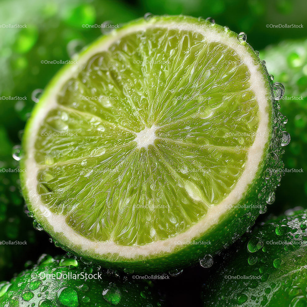 Fresh Lime Wedge with Water Droplets on Green Background