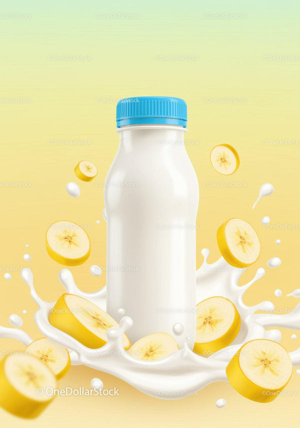 Plastic bottle surrounded by banana slices and milk splash JPG Mockup Image