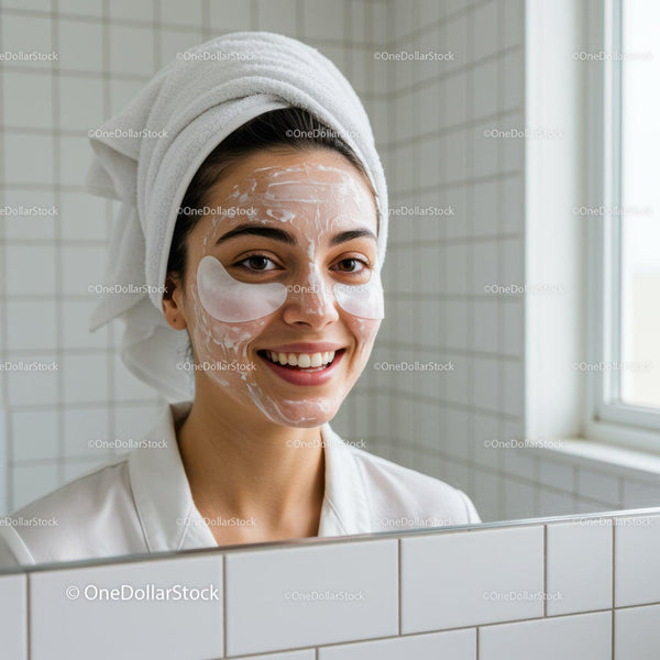 Smiling woman enjoying skincare routine with facial mask
