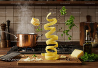 Fresh pasta spiral with herbs and cheese in kitchen