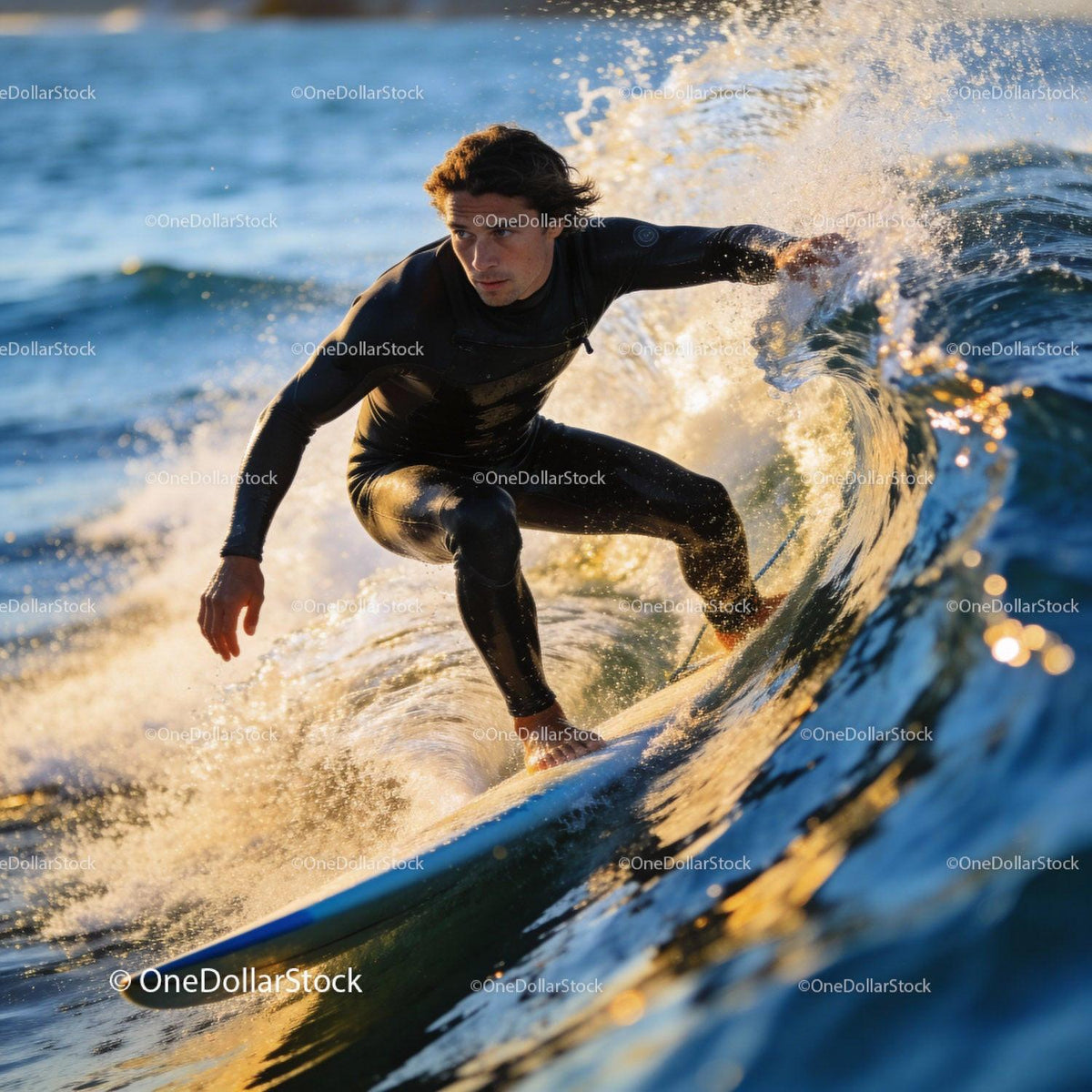 Focused surfer riding a sunlit ocean wave
