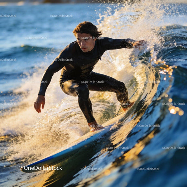 Focused surfer riding a sunlit ocean wave