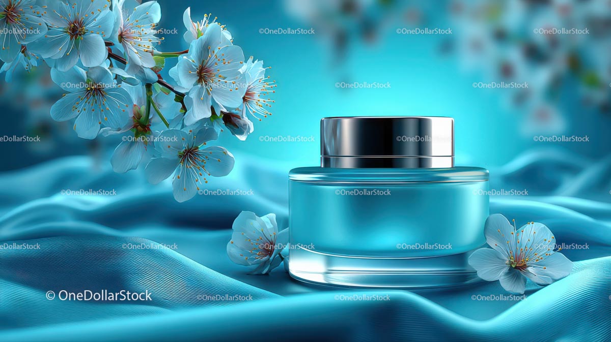 Refreshing Cosmetic Jar with Cherry Blossoms on Blue Silk