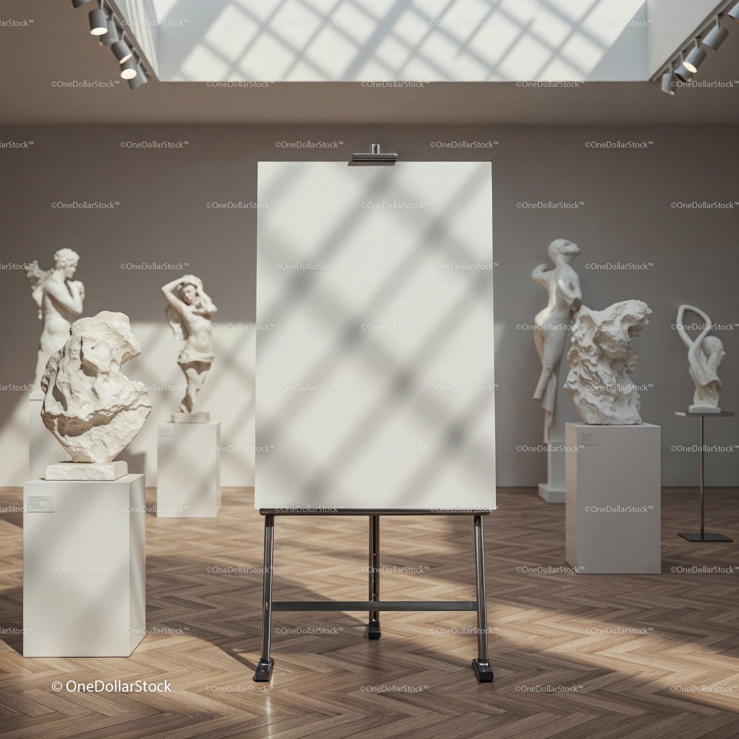 Blank Easel in Modern Art Gallery with Sculptures