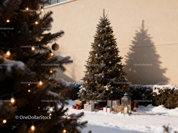 Outdoor Christmas Tree with Lights and Presents in Snow