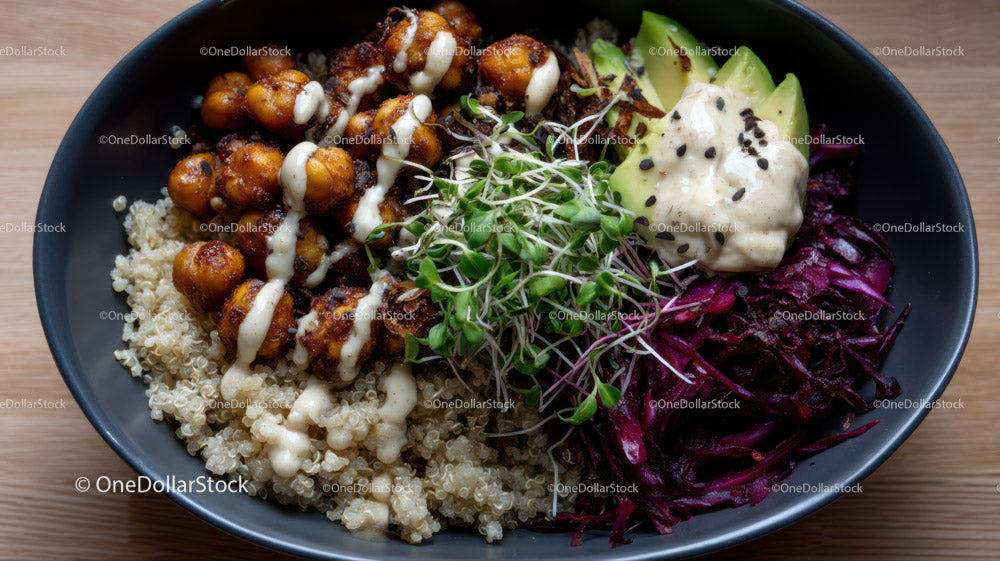 Vegan Falafel with Quinoa and Purple Cabbage Slaw in Modern Dish