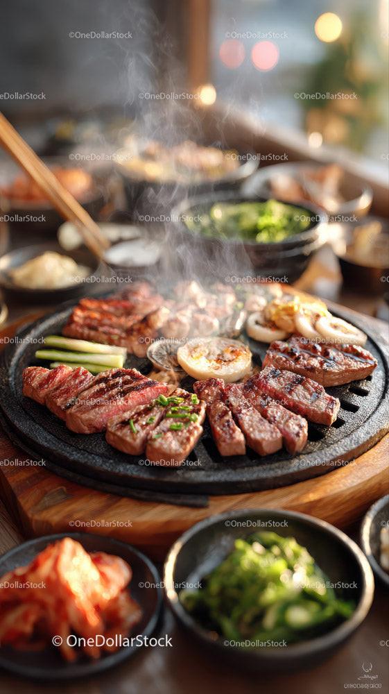 Juicy Grilled Steak and Assorted Barbecue on Hot Grill