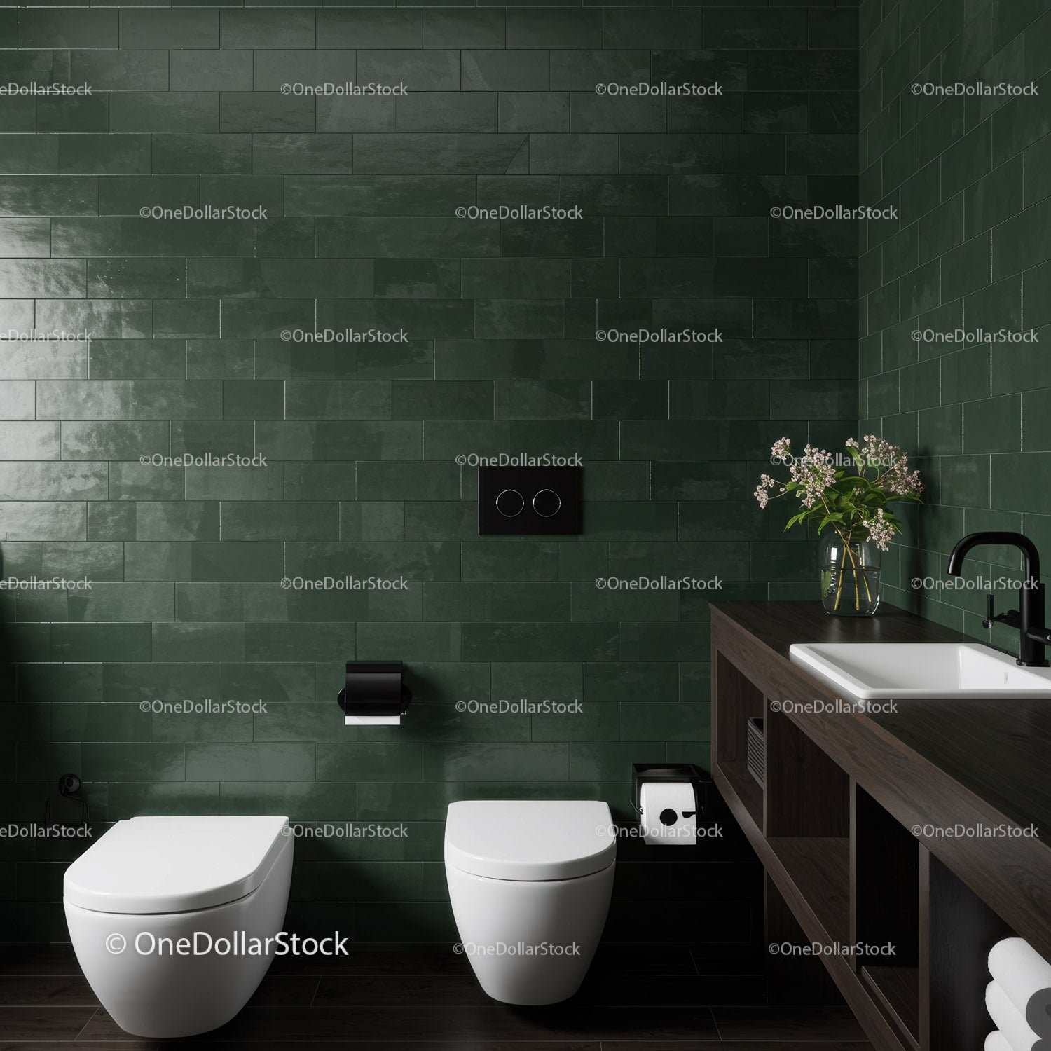 Dark Green Tiled Bathroom with White Toilet and Modern Decor
