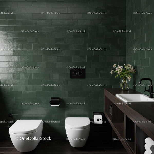 Dark Green Tiled Bathroom with White Toilet and Modern Decor