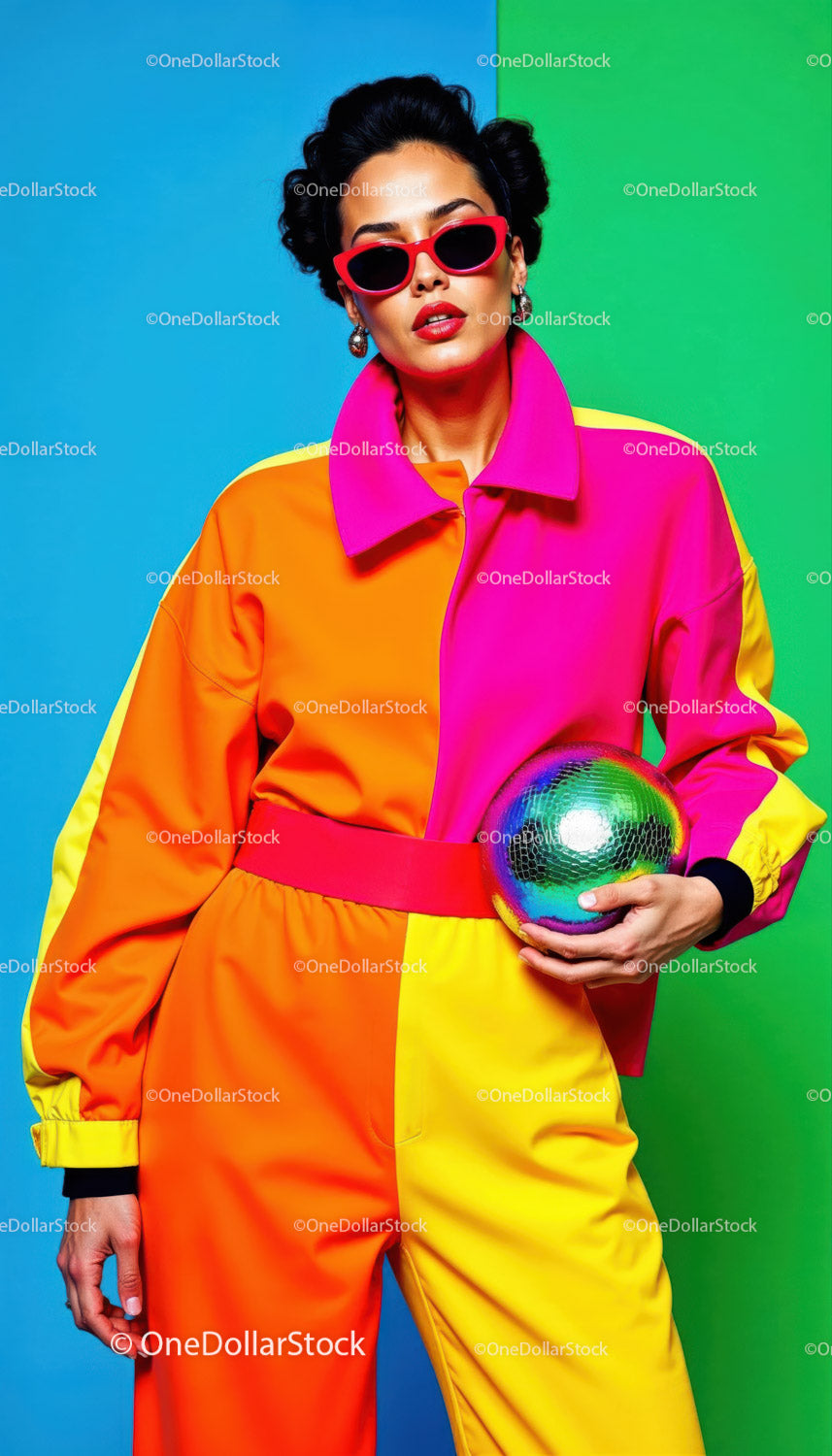 Fashionable Woman in Bright Neon Outfit Holding Disco Ball