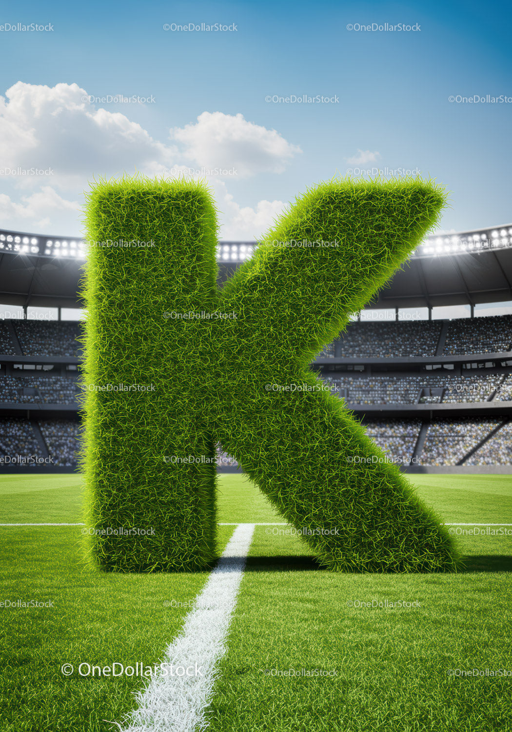 Large Grass Letter K on Soccer Field with Stadium Crowd