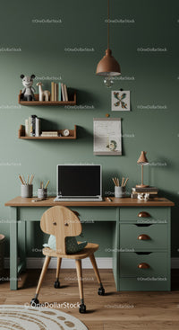 Children's Study Corner with Green Wall and Wooden Desk