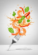 Fresh shrimp salad ingredients flying over fork