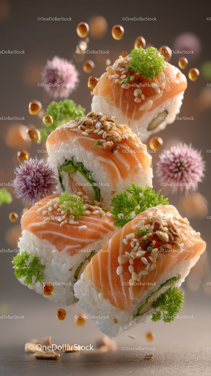 Różne rolki sushi z łososiem, serkiem śmietankowym i świeżymi ziołami