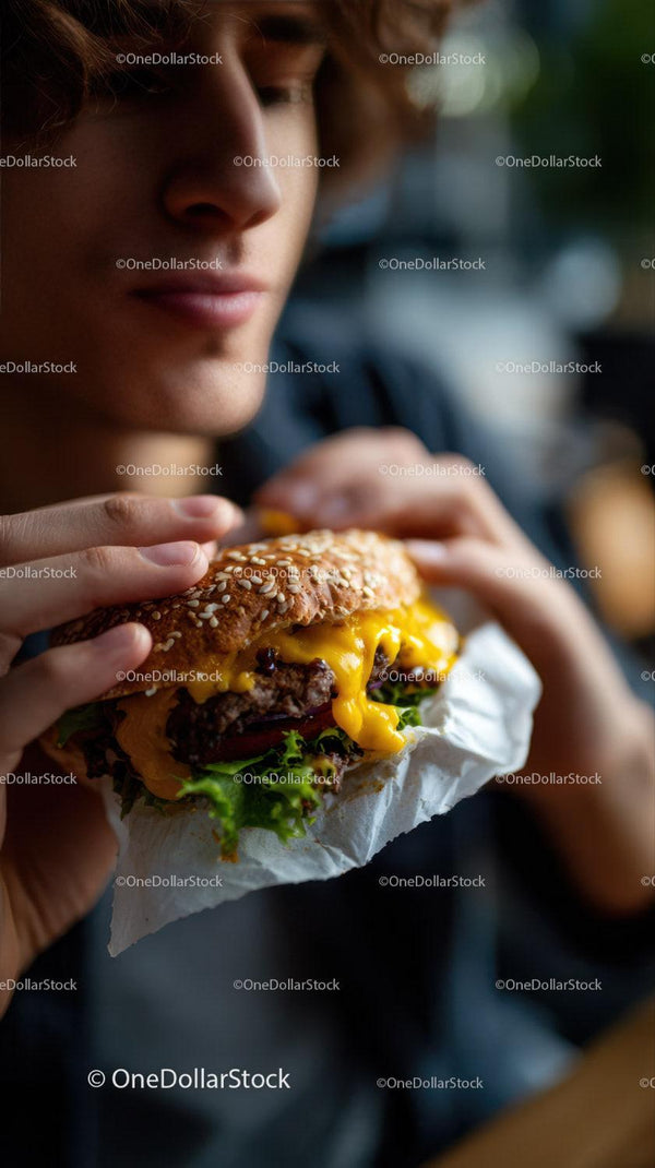 Close-up of a Juicy Cheeseburger Being Eaten by a Man