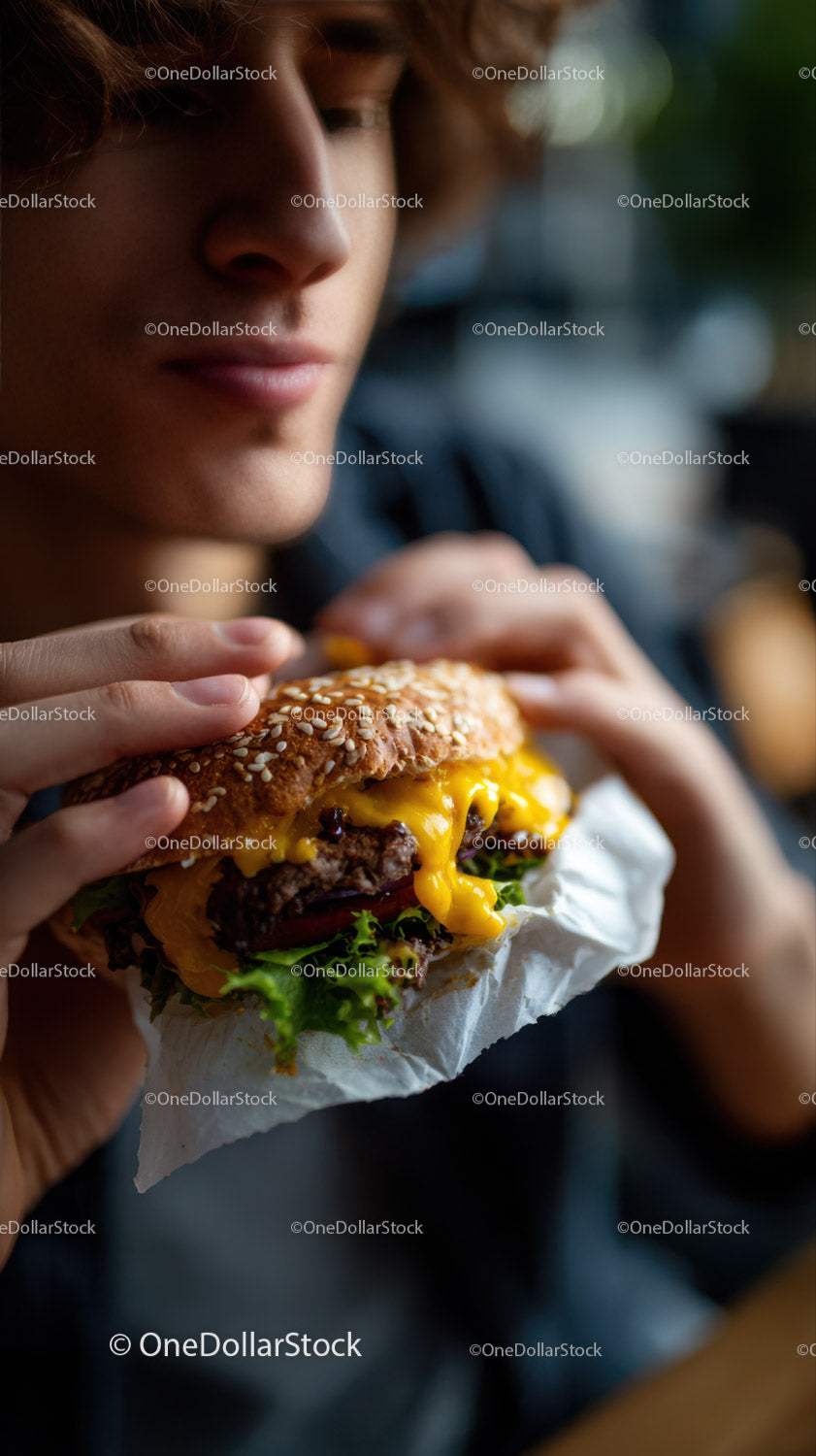 Zbliżenie na soczystego cheeseburgera zjadanego przez mężczyznę