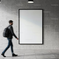 Young man walking past blank poster on concrete wall