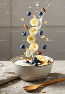 Fresh yogurt bowl with fruits and nuts splashing milk