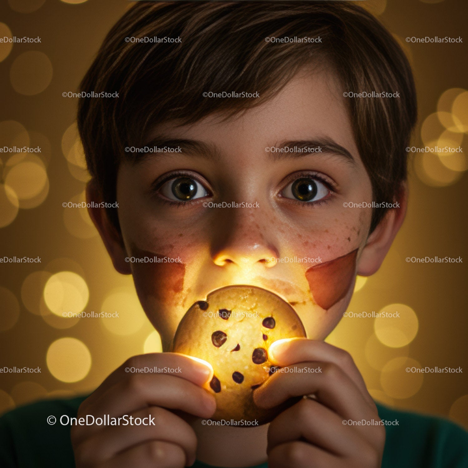 Young boy with face paint holding glowing cookie