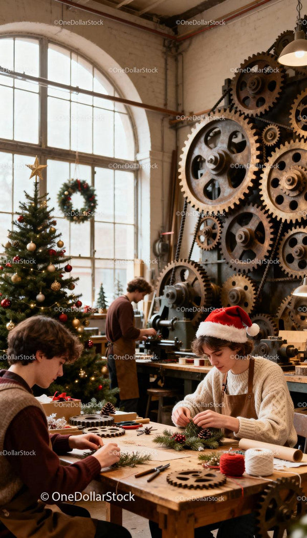 Young People Crafting Holiday Decorations in Industrial Workshop