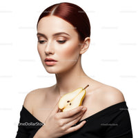 Elegant Woman with Flawless Skin Holding Pear On White Background