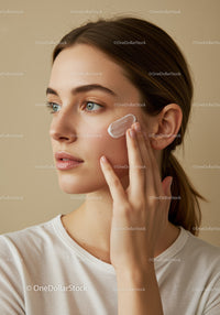 Young Woman Applying Face Moisturizer with Skincare Cream