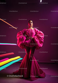 Fashion Model in Vibrant Pink and Yellow Flowing Gown