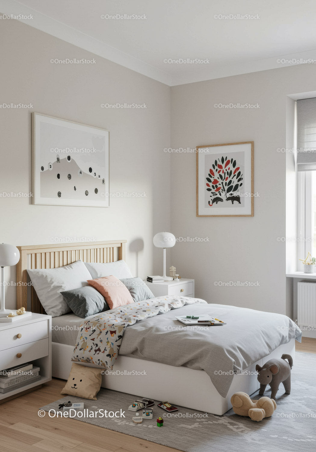 Bright Contemporary Bedroom with Children's Decor and Wall Art