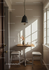 Cozy corner with small wooden table and sunlight