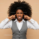 Frustrated Businesswoman Covering Ears with Confused Expression